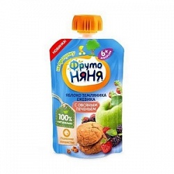 Пюре ФрутоНяня 90г из яблок, земляники и ежевики с овсяным печеньем д/п