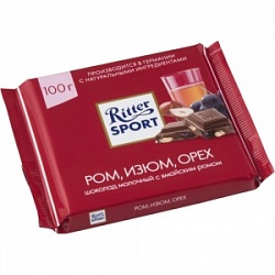 Шоколад Риттер Спорт100г молочный Ром+Изюм+Орех