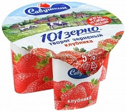 Творог Савушкин 130г Зернистый 101 зерно+сливки Клубника 5%