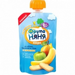 Пюре ФрутоНяня 90г из Яблок с Бананом,грушей и печеньем 6+ д/п