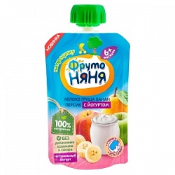 Пюре ФрутоНяня 90г Яблоко,груша,банан,персик с йогуртом д/п